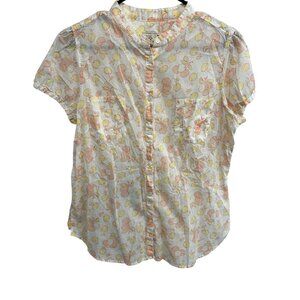 Gap Womens Short Sleeve Blouse Size 12 Apple Print Cotton Casual Shirt